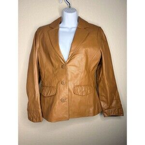 Bradley Bayou Women’s Tan Caramel Leather Blazer Jacket Pockets Size XS
